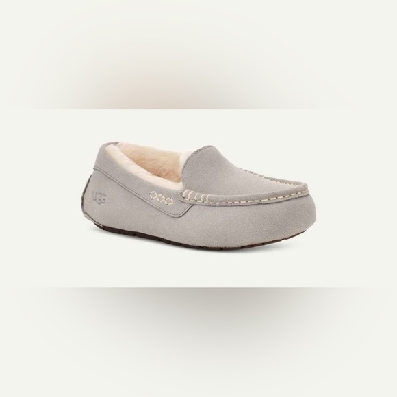 UGG Ansley Grey Suede Shearling Slippers Women’s Size 6 Genuine Sheepskin Lined - Picture 1 of 10